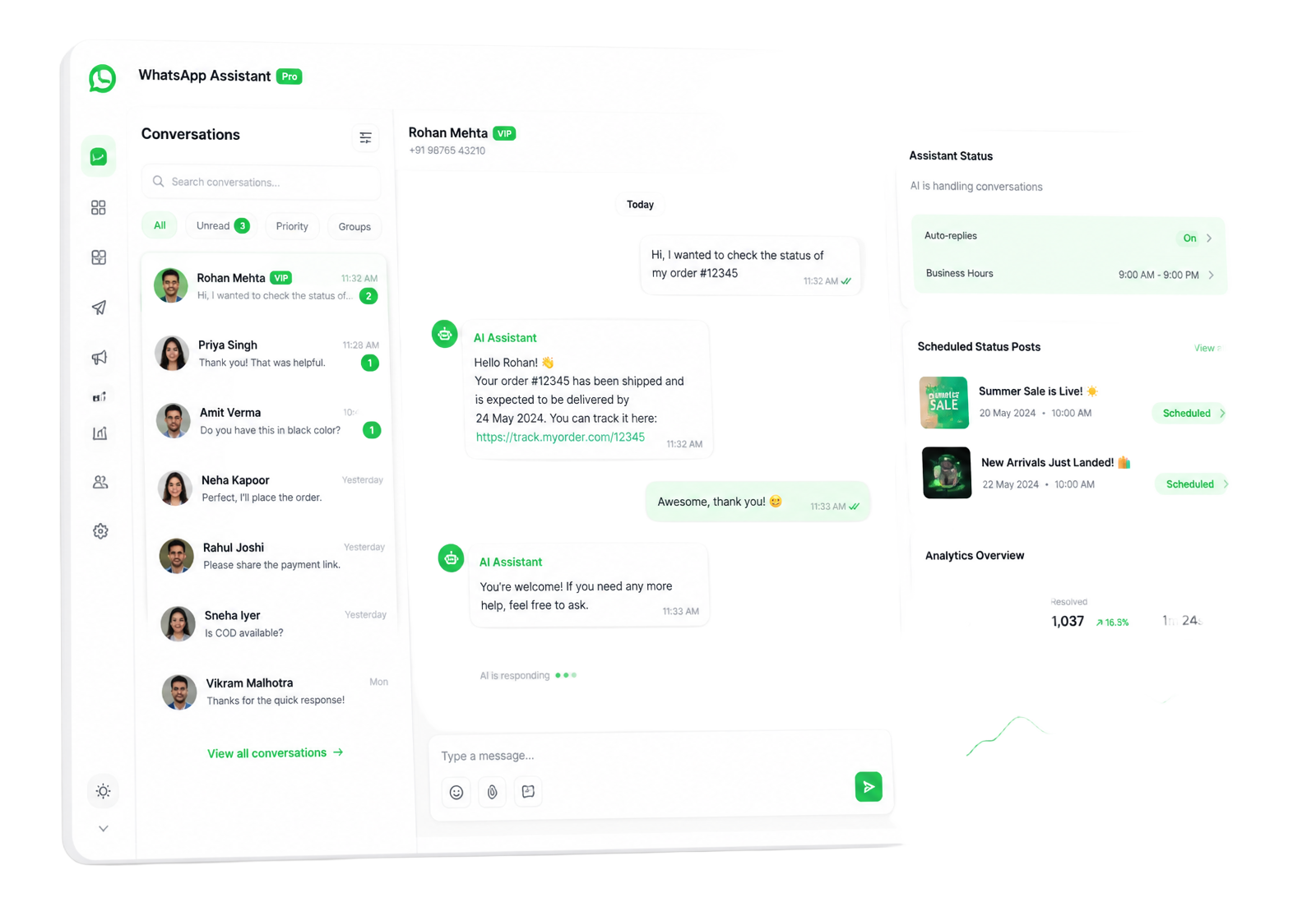 Sokoos AI Employee dashboard showing conversations, customer responses, scheduled status posts and performance